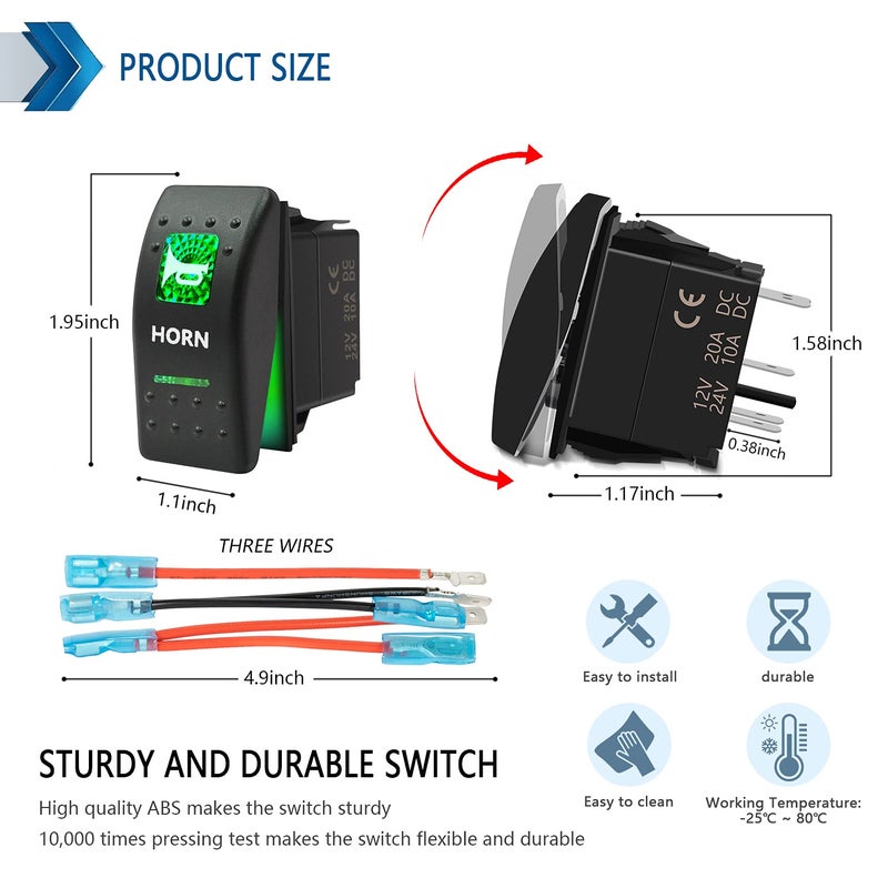 KEING Momentary Horn Button Waterproof Rocker Switch Toggle - ON/Off Green LED Light - 12V 20Amp 24V 10Amp, 5 Pin for Automotive Car Vehicles Marine Boat Truck Trailer 4x4 Caravan RV ATV UTV & More - Image 2